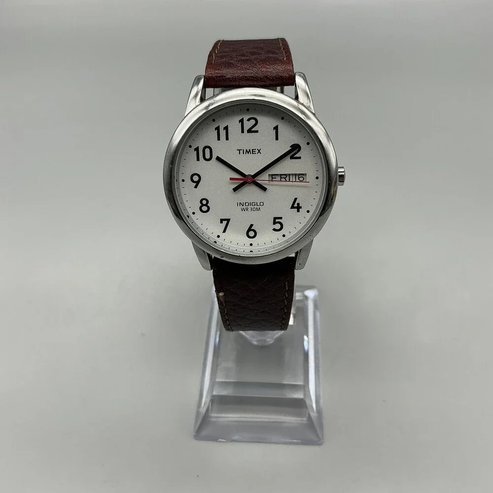Timex Indiglo WR 30M Mens Watch 35mm Silver Tone Leather Day Date New Battery